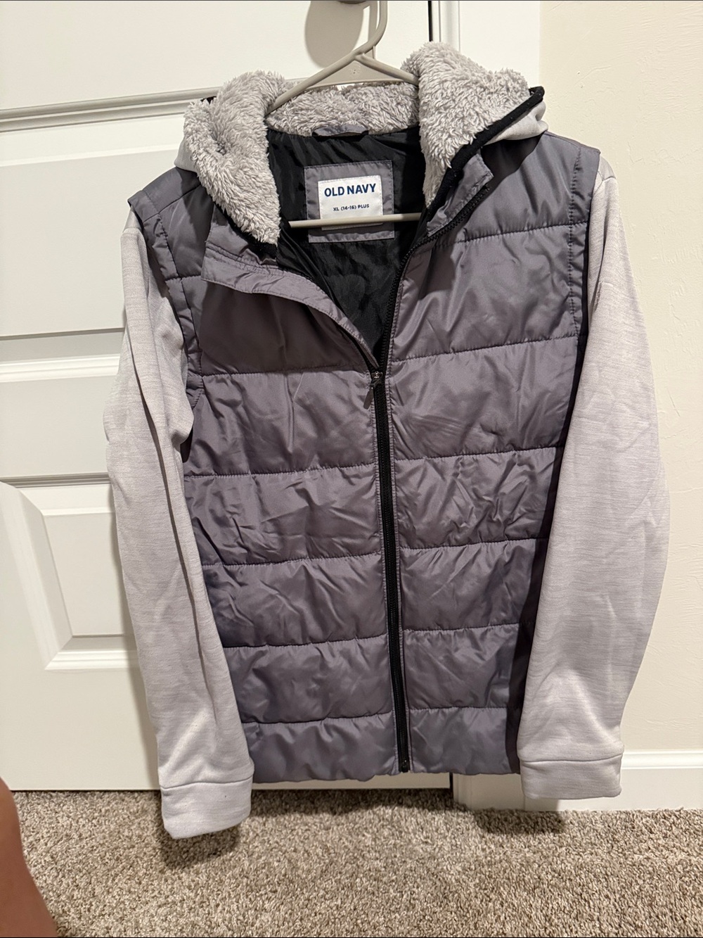 Old Navy Kids Light Gray and Charcoal Quilted Hooded Jacket